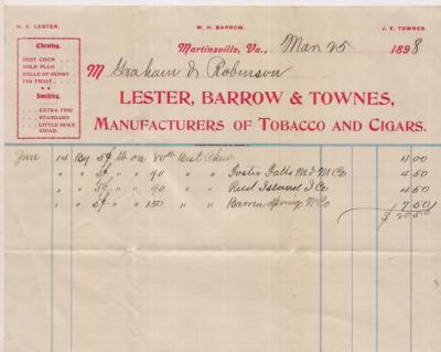 1898 Lester Barrow & Townes Tobacco & Cigar Mfg Billhead MARTINSVILLE  VIRGINIA
