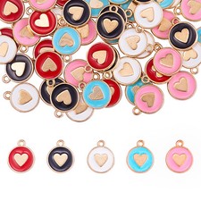 50x Enamel Flat Round Love Heart Charms Pendant for DIY Valentine Jewelry Making