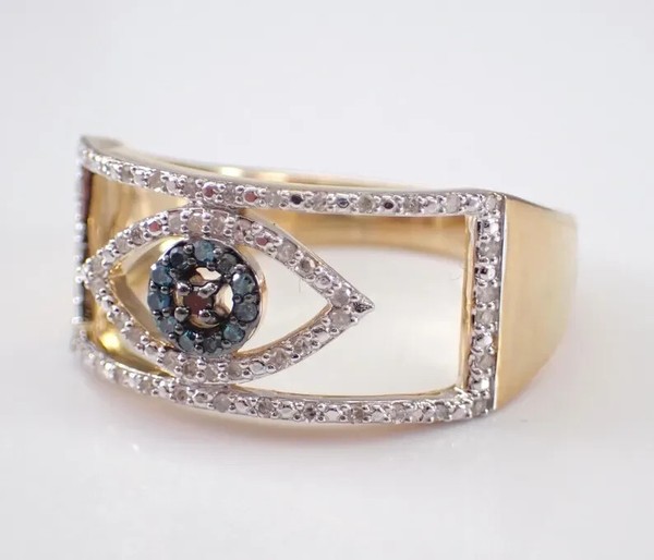 Alternate view of 2.10 Round Cut Real Moissanite Evil Eye Ring 14k Yellow Gold Plated Silver