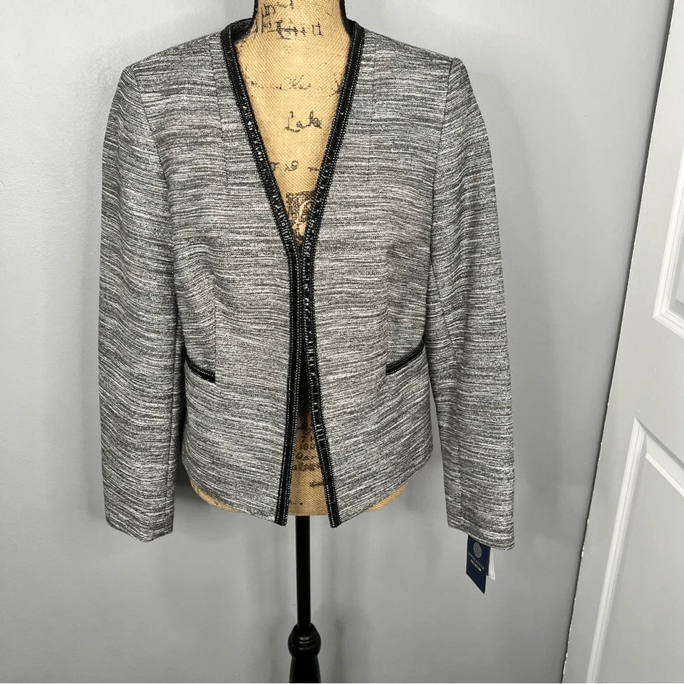 Blazer tamanho 8 Doncaster Collection branco e preto acabamento em couro sintético US$ 475 MSRP NOVO COM ETIQUETAS - Imagem 3 de 4
