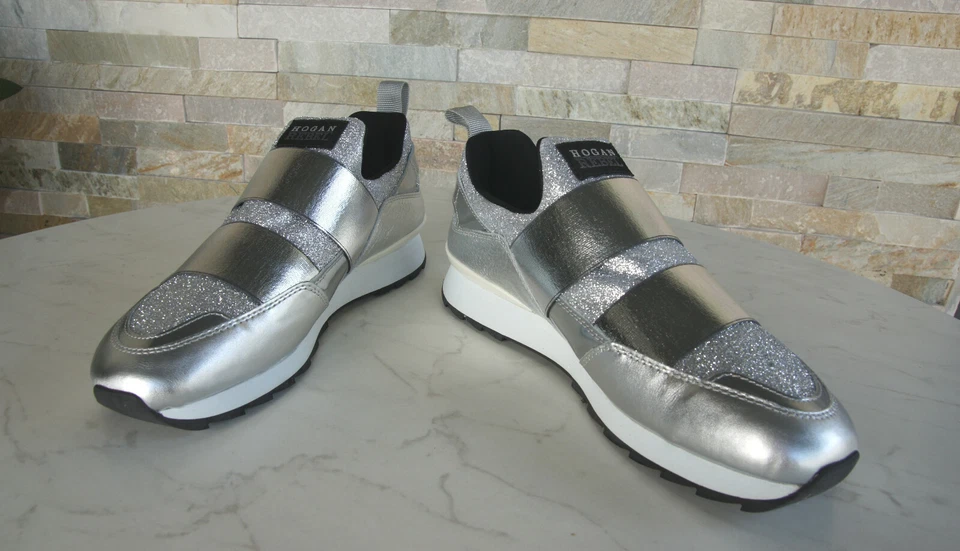 Hogan Rebel Tg. 39,5 Slipper Slip-On Sneakers Scarpe Argento Nuovo Origin. - Immagine 3 di 4
