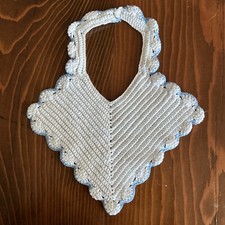 Vintage Antique White Blue Ribbon BABY BIB Crochet Doll Handmade