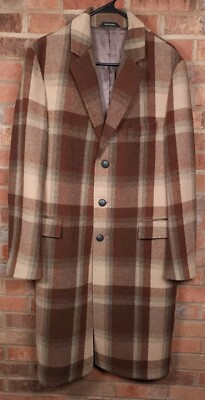 Hugo Boss Macho 3 Button Wool Plaid Overcoat Jacket Mens Size 40 R Brown
