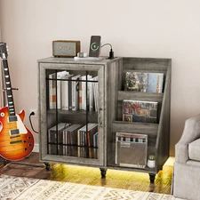 FCH Record Player Stand Holds Up to 300 Albums with Power Outlet & LED Light