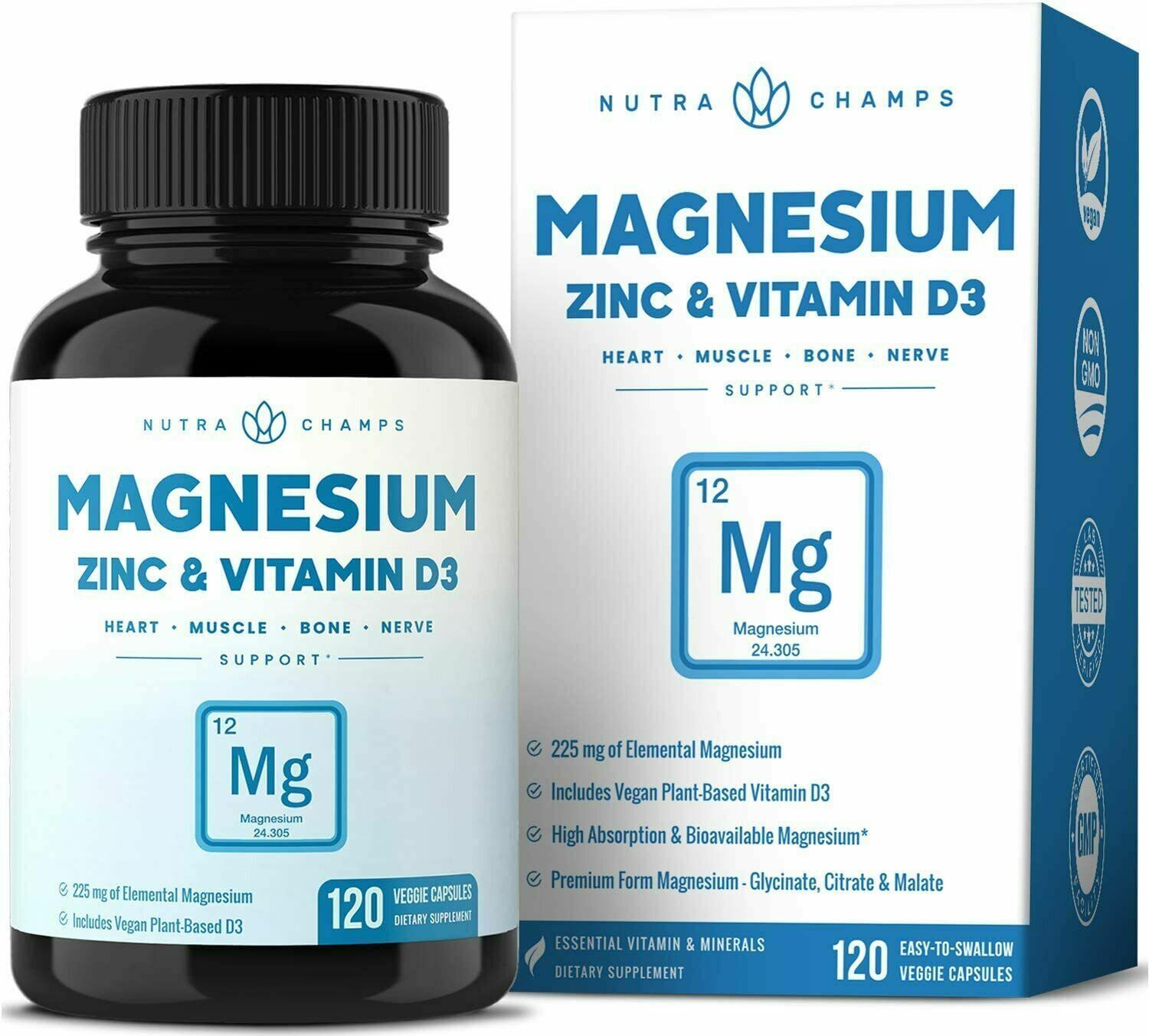 NutraChamps Magnesium Zinc Vitamin D3 Bioavailable 120ct Nerve San Diego Mall Muscle Ranking TOP20 Heart Bone