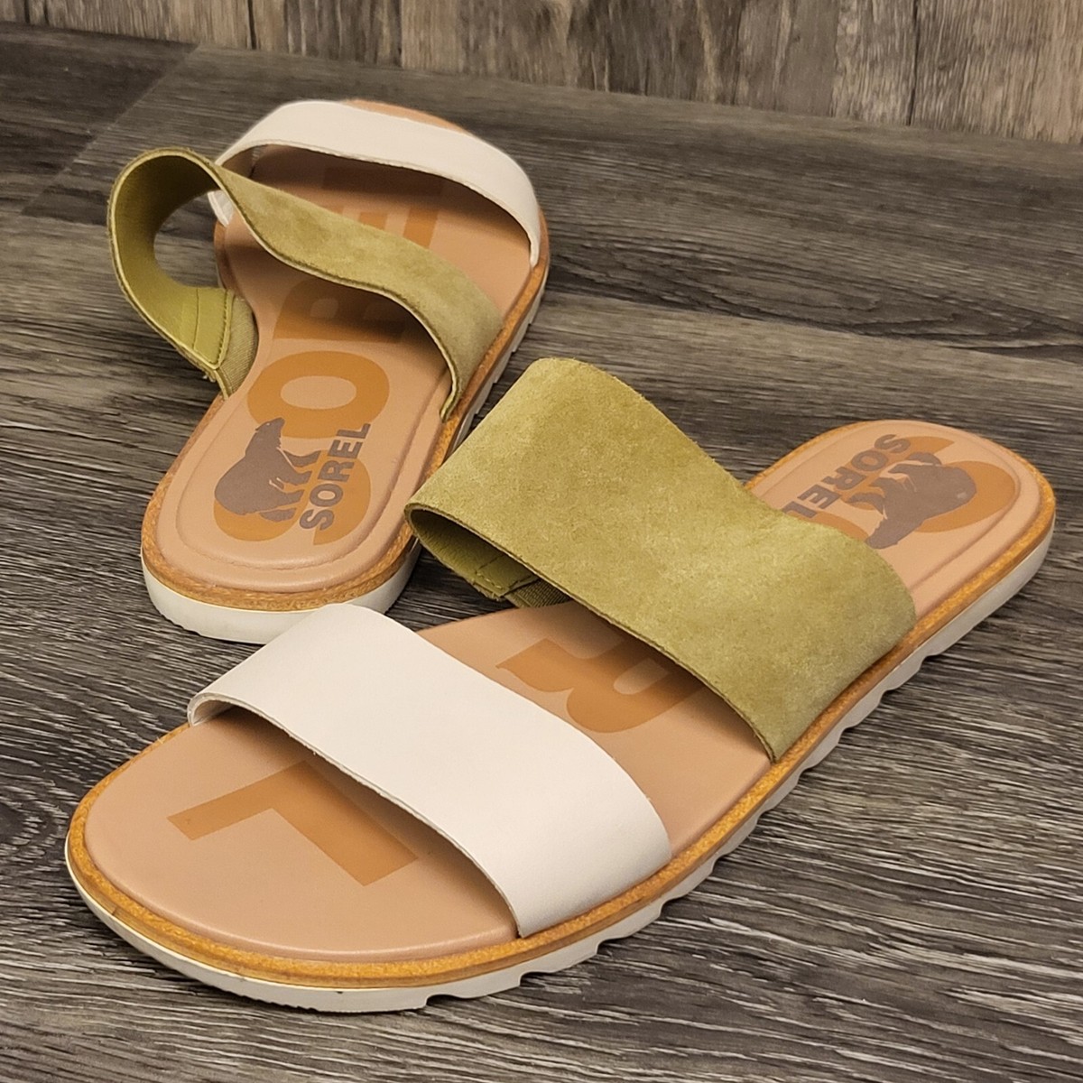 Sorel Ella II Slide Sandals Olive Shade Chalk Womens Sz 7 Slip On