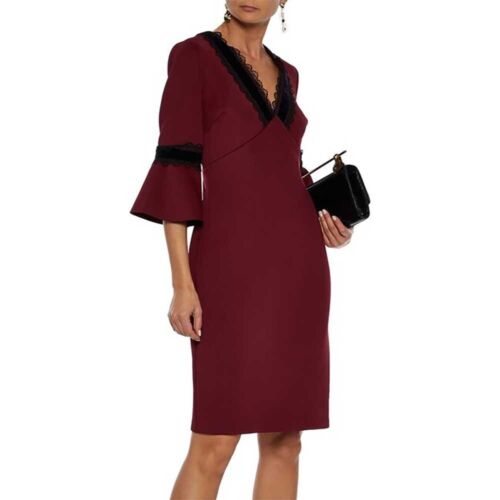 NWT Badgley Mischka crochet velvet trim scuba dress in burgundy cocktail formal