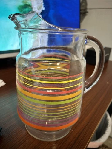 ANCHOR HOCKING Fiesta Stripe Water Tea Pitcher Rainbow 60oz Vintage Made in USA