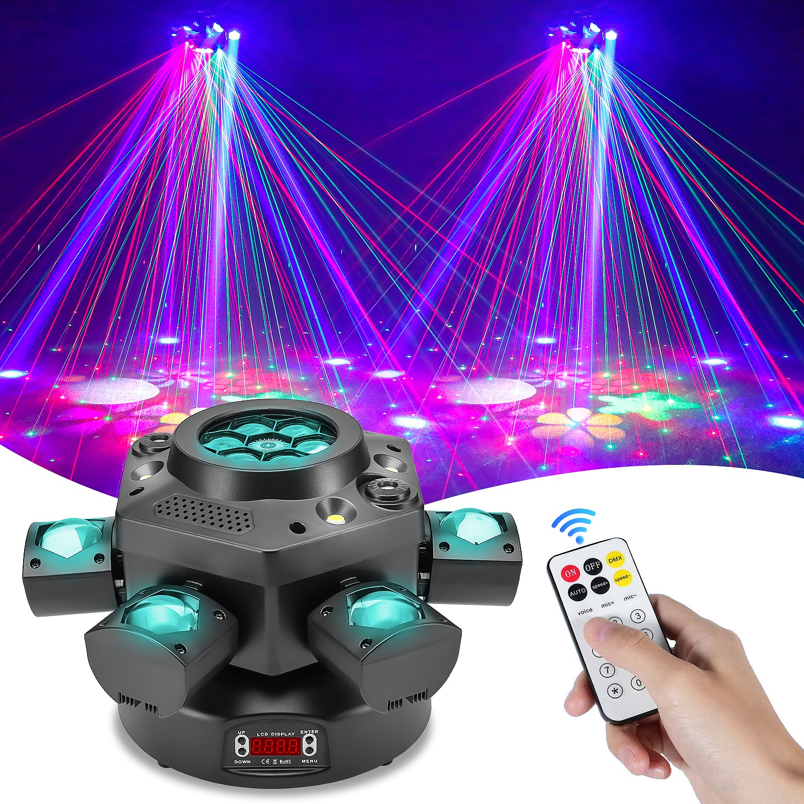 6 Arms Bee Eye Laser Moving Head Lighting DMX RGBW LED Gobo Beam Stage Light KTV