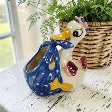 VTG Hand Painted Ceramic Kitschy Stork  Polka Dot Sack Baby Planter Japan 5.75"