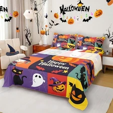 Happy Halloween Bedding Set Twin Size Pumpkin Lantern Fitted Sheet, Rainbow G...