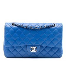 Authenticated Chanel Medium Classic Caviar Double Flap Blue Leather
