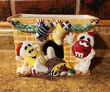 VTG M&M's RED/YELLOW Christmas Fireplace Ceramic Planter/Candy Dish by FTD