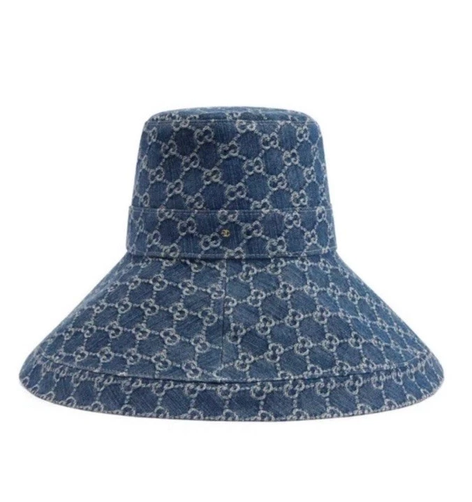 Gucci GG Denim Wide Brim Hat / Bucket Sun Hat Blue/Ivory, Size Medium - Image 3 of 4