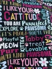 Cat Lovers Printed Cat Saying On Black Background Fabric 3/4yd 44-45  Vintage