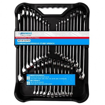 32 Piece Wrench Set SAE & Metric 20 Standard & 12 Stubby Combination Wrench