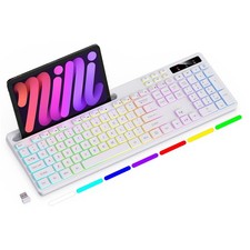 Wireless Keyboard 7 Color RGB Backlit Full Size Tablet Holder 2.4G White