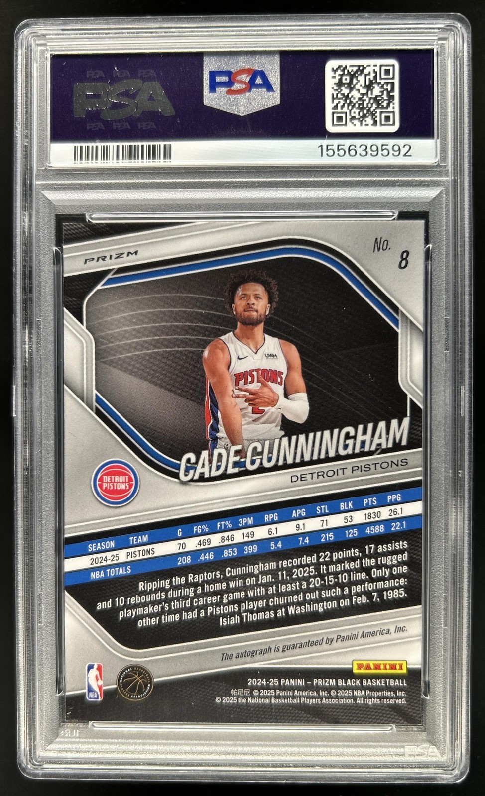 2024-25 Panini Prizm Black Cade Cunningham Auto Silver Prizm #8 Pistons PSA 10 view 2