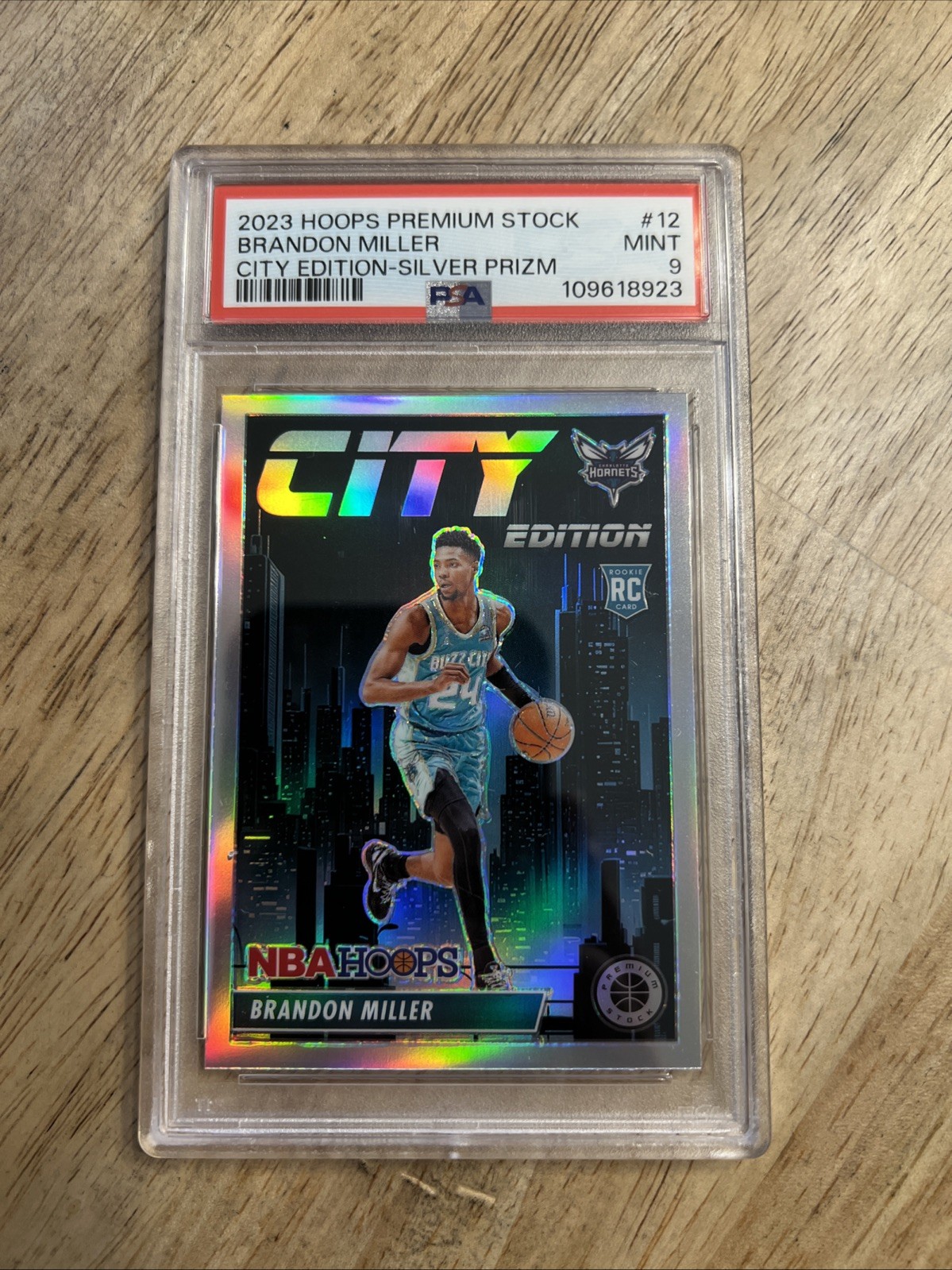 Brandon Miller 2023-24 NBA Hoops Premium Stock Silver Prizm City Edition PSA 9
