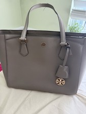 Tory Burch Robinson Small Tote Gray Heron Saffiano Leather Pre-owned