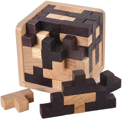 3D Wooden Brain Teaser Puzzle Cube - 54 T-Shaped Blocks for All Ages