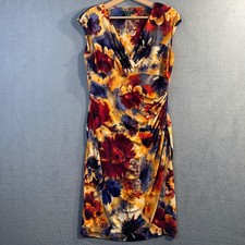 Lauren Ralph Lauren Floral Ruched Sheath Dress faux wrap red Sz 10 Cap Sleeve