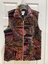 Chicos Sz 1 Women Gorgeous Black Pink Velvet Full Zip Vest sleeveless beautiful