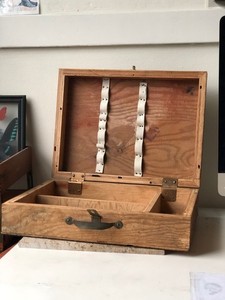 Vintage Handmade Wooden Hinged Artist Painters Box / Travel Box - Brush Holders