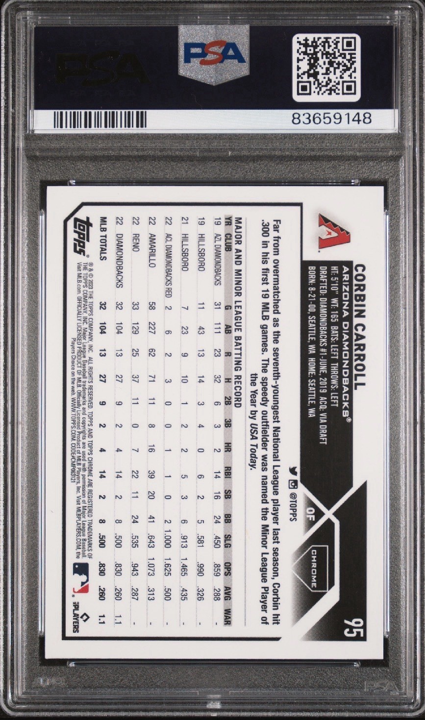 2023 Topps Chrome Corbin Carroll Purple Sonar Refractor /275 RC ROOKIE PSA 10 MT view 2