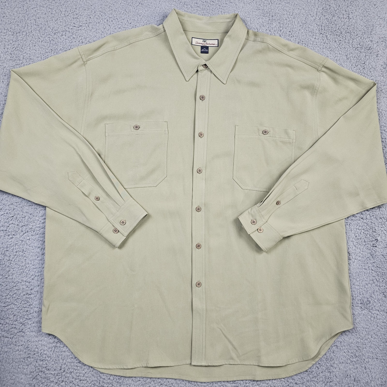 Tommy Bahama Shirt Mens 2XL Green 100% Silk Long Sleeve Button Up Collared