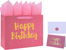 13" Large Pink Gift Bag Set with Greeting Card and Tissue Papers Stars and Gold