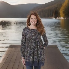 Canyon River Blues Women's Peasant Boho Dress - Navy Paisley Print S Small