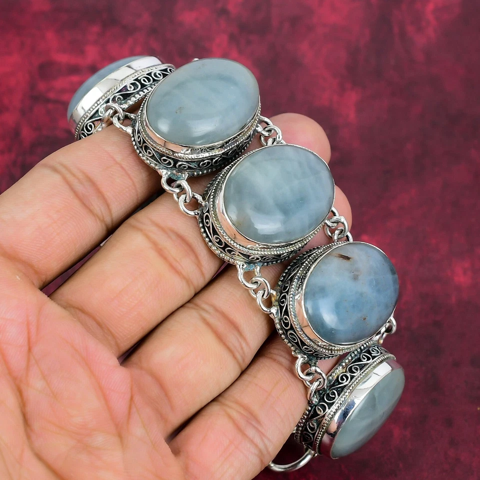 Aquamarine Gemstone Handmade 925 Sterling Silver Jewelry Bracelet For Her - Image 2 of 4