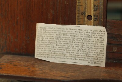 Antique 1888 Obituary L.B. Miller Monroe Wisconsin