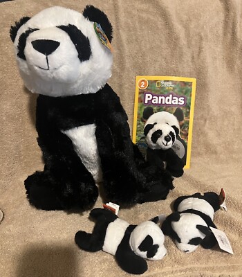 Panda Plush Family Set Set of FOUR Stuffed Bears  and Nat'l Geo Book- NEW