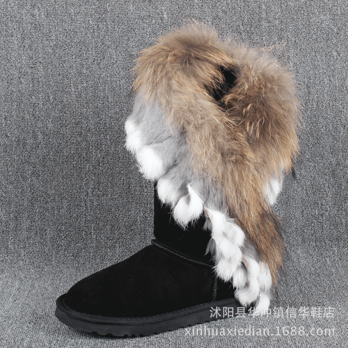 Winter Warm Ankle Boot Womens Real Leather Fox Rabbit Fur Trim Boots Shoes Flat - Picture 17 of 19