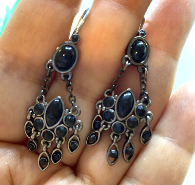 1.26 Vintage earrings, silver tone, black glass cabochons