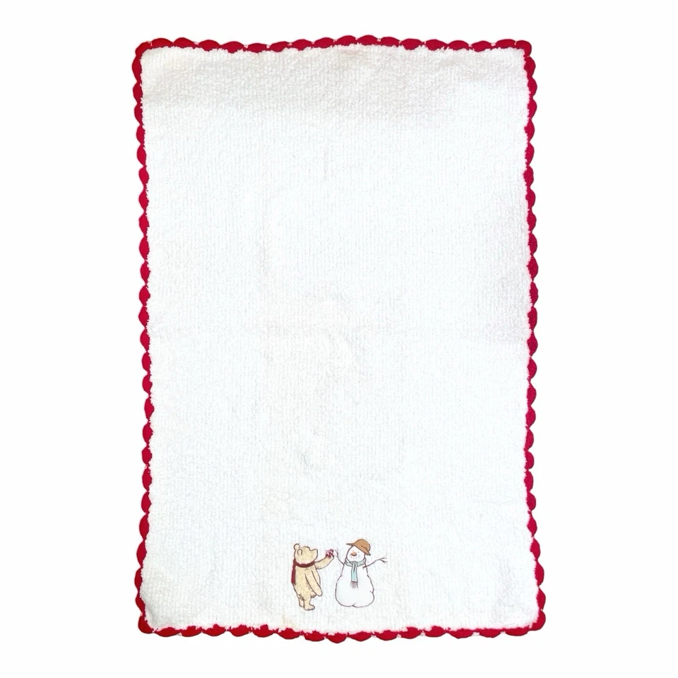 Disney Classic Winnie the Pooh Chenille Baby Blanket Snowman White Red Trim HTF - Image 2 of 4
