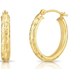 14K Real Solid Yellow Gold Hand Engraved Diamond-Cut Oval Creole Hoop Earrings