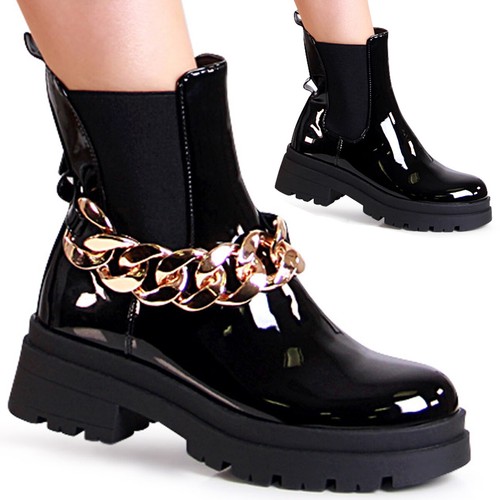 Mujer Plataforma Botines Charol Chelsea Boots Mitad Botas Cadenas Moda |  eBay