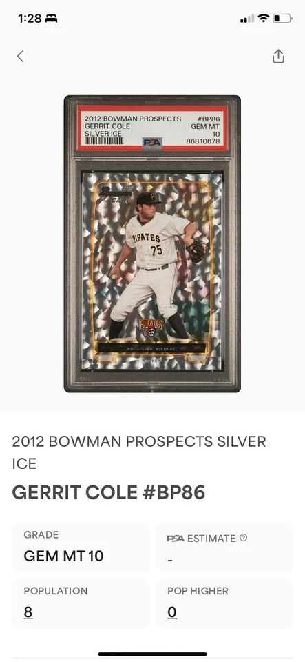 Gerrit Cole RC Silver Ice 2012 Bowman (PSA 10) Z9736 POP 8 - Image 2 of 2