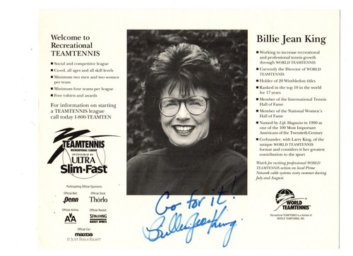 BILLIE JEAN KING HAND SIGNED AUTO 8x10 CARD PHOTO FAMOUS TENNIS PLAYER ...