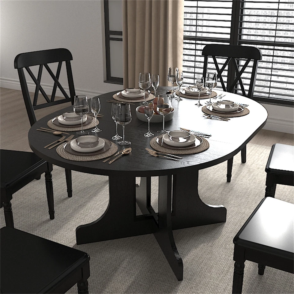 Farmhouse Extendable Dining Table Oval Table Wood Table Kitchen Table Black US - Image 2 of 4