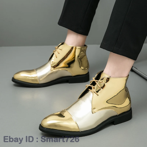 Men's Gold Patent Leather Pointed Toe Chelsea Platform Boots Luxury-image