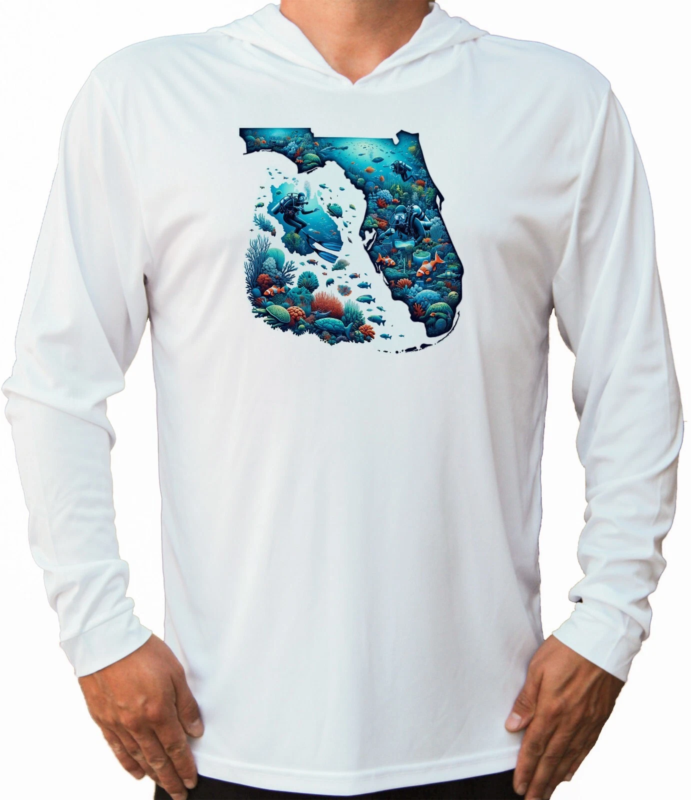 Florida Map Diving Diver Water Sport UV UPF 50 Long Sleeve T-Shirt Hood Fishing