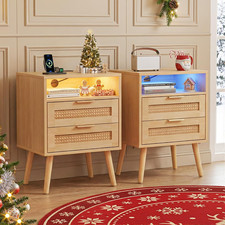 Set of 2 Bedside Table,Nightstand with Charging Station and LED Lights, Bedside 