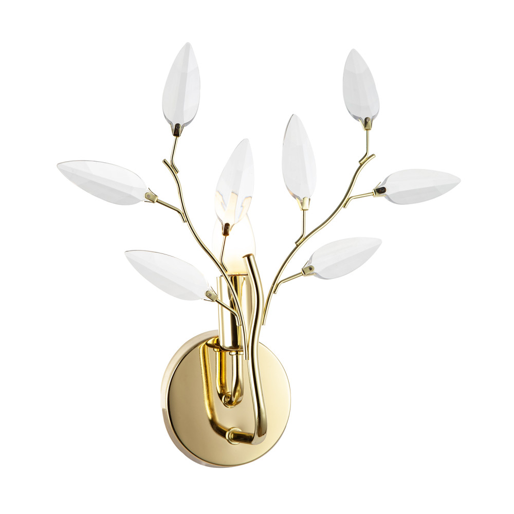 Modern Birch Polished Brass Plated Wall Light Fixture with Clear Acrylic Leav...