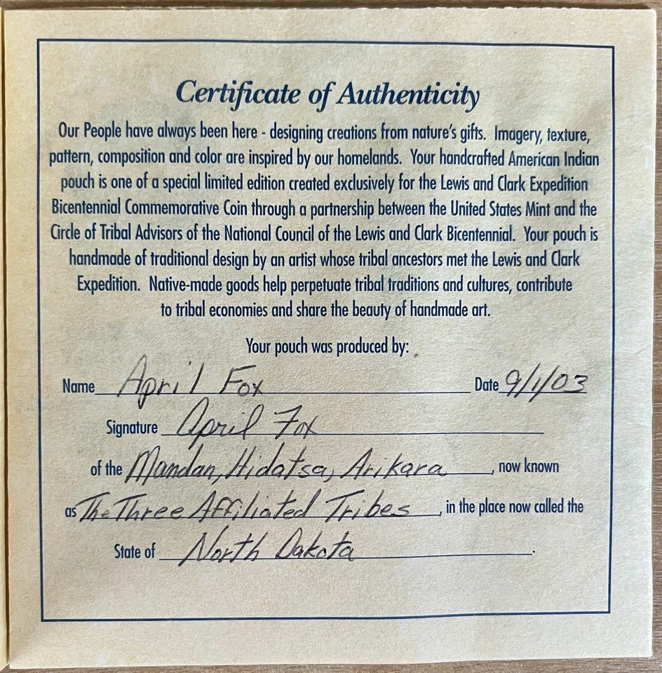 2004 US Mint Lewis & Clark Coin & Pouch Set Mandan, Hidatsa, Arikara Tribes 🪙 - Image 4 of 4
