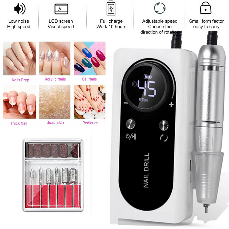 Max 45000RPM Electric Nail Drill Machine File Manicure LED Display Art Drill Kit