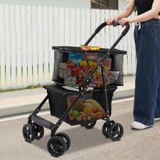 Foldable Shopping Cart, Family Shopping Cart, Freestanding Foldable Cart Black